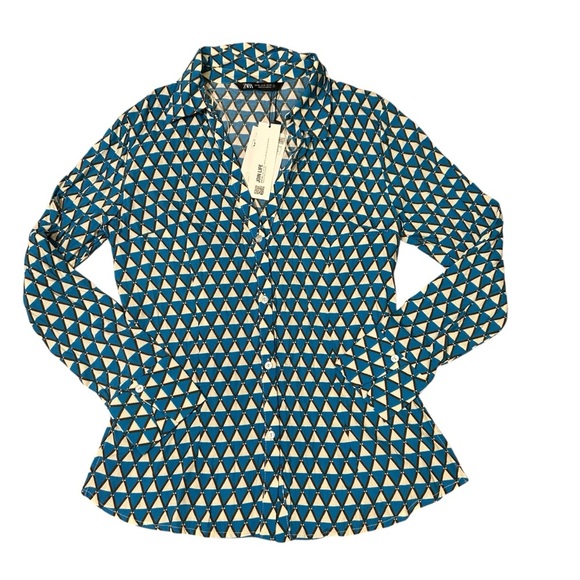 NWT Zara blue geometric satin set size XS shirt and pants flare 70a bloggers - Picture 3 of 14